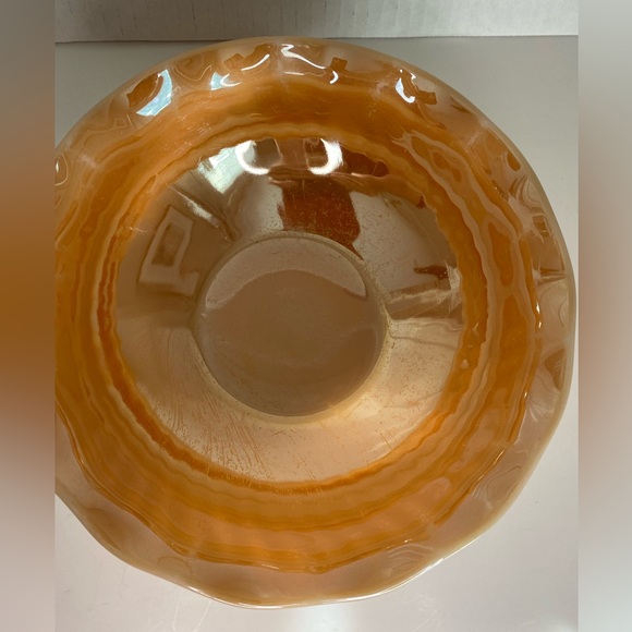 Vtg Fire King Peach Lustreware Bowl Iridescent Swirls Ruffled Edges - Picture 8 of 9